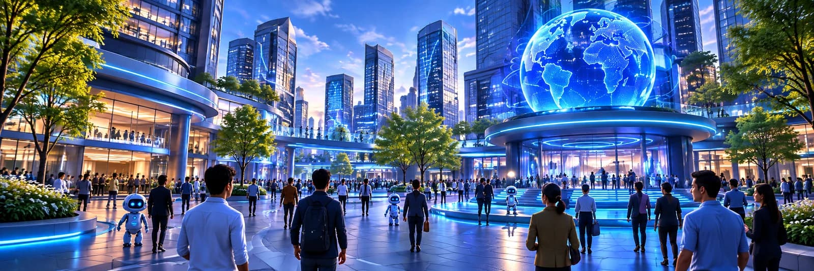 People and agents in a futuristic Apixis city plaza